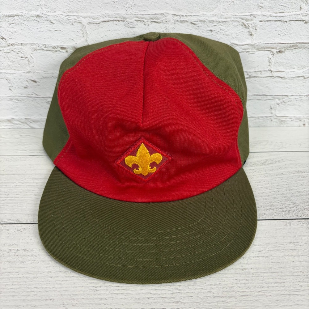 Boy Scouts BSA Cap Hat Olive Green & Red Snapback Size M/L Cub Scout Vintage
